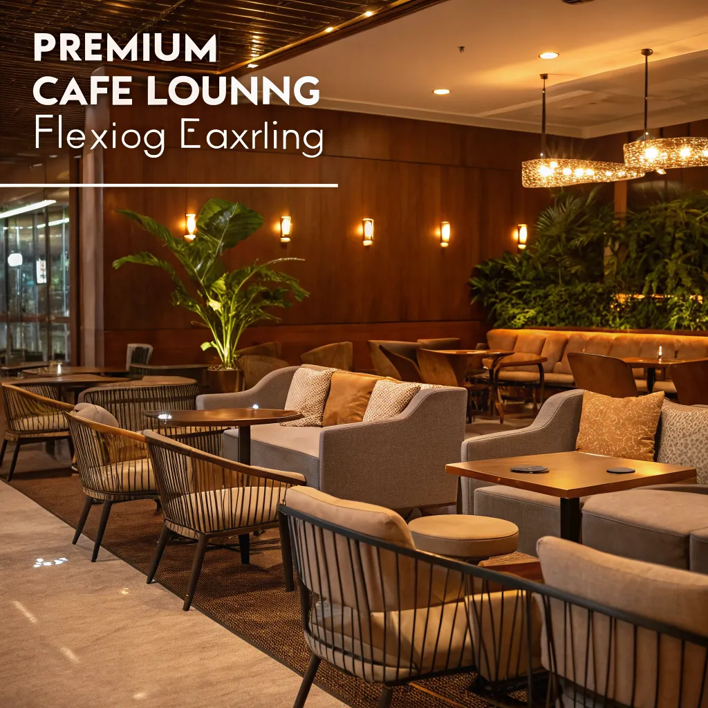 Premium cafe lounge with flexible seating and warm lighting